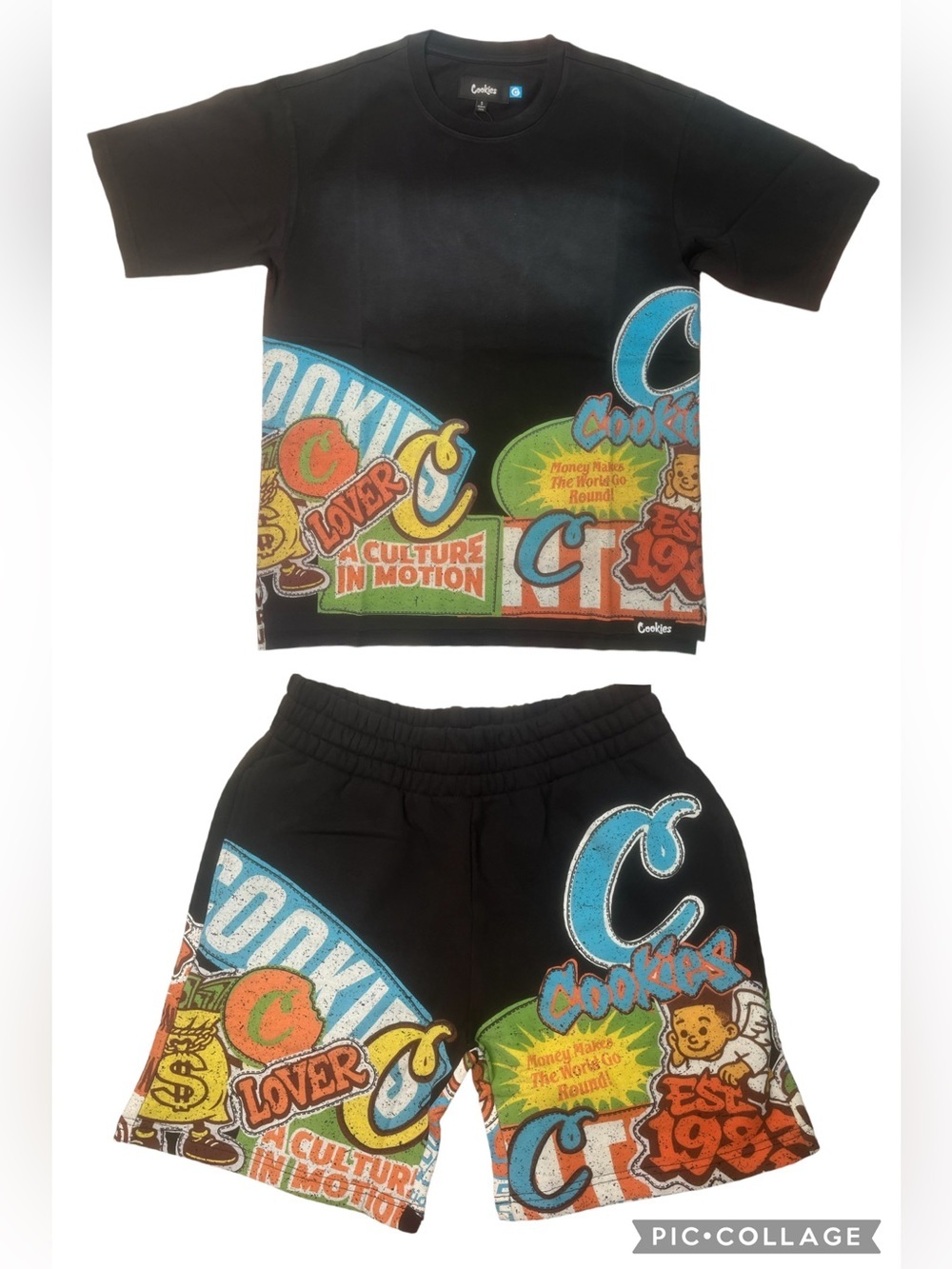 Cookies Black Graphic Tee & Shorts Set - Blue/Green/Orange Accents